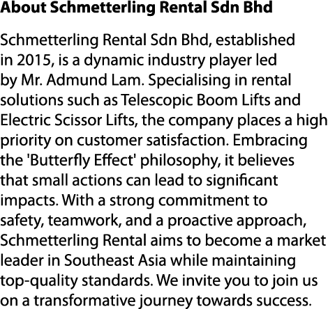 About Schmetterling Rental Sdn Bhd Schmetterling Rental Sdn Bhd, established in 2015, is a dynamic industry player le...