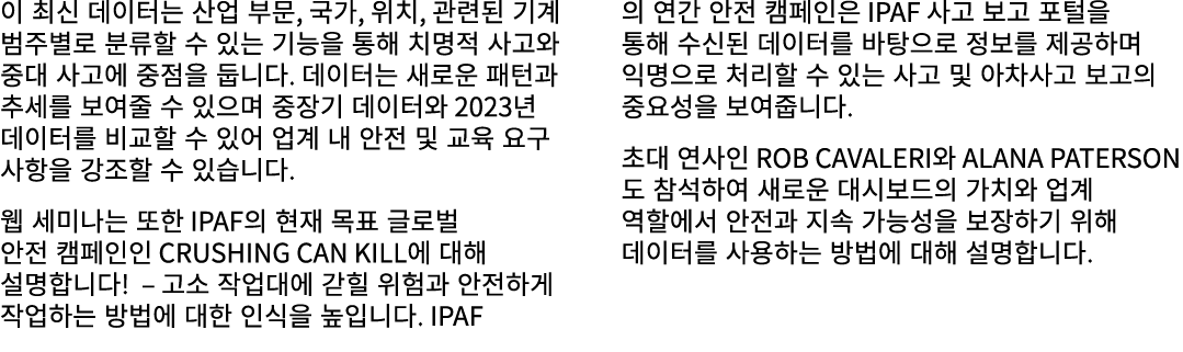 이 최신 데이터는 산업 부문, 국가, 위치, 관련된 기계 범주별로 분류할 수 있는 기능을 통해 치명적 사고와 중대 사고에 중점을 둡니다. 데이터는 새로운 패턴과 추세를 보여줄 수 있으며 중장기 데이터와 2023...