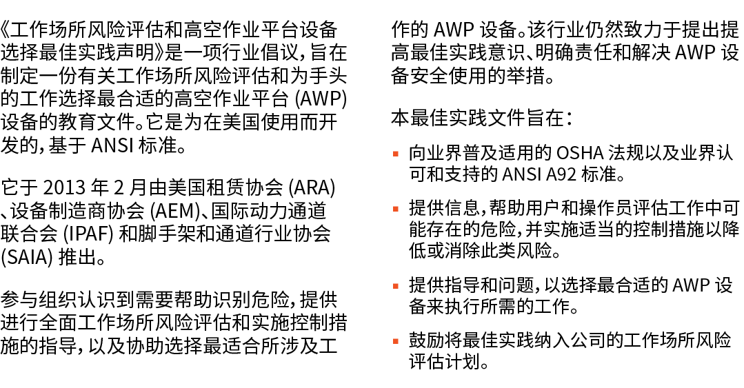 《工作场所风险评估和高空作业平台设备选择最佳实践声明》是一项行业倡议，旨在制定一份有关工作场所风险评估和为手头的工作选择最合适的高空作业平台 (AWP) 设备的教育文件。它是为在美国使用而开发的，基于 ANSI 标准。 它于 2013...