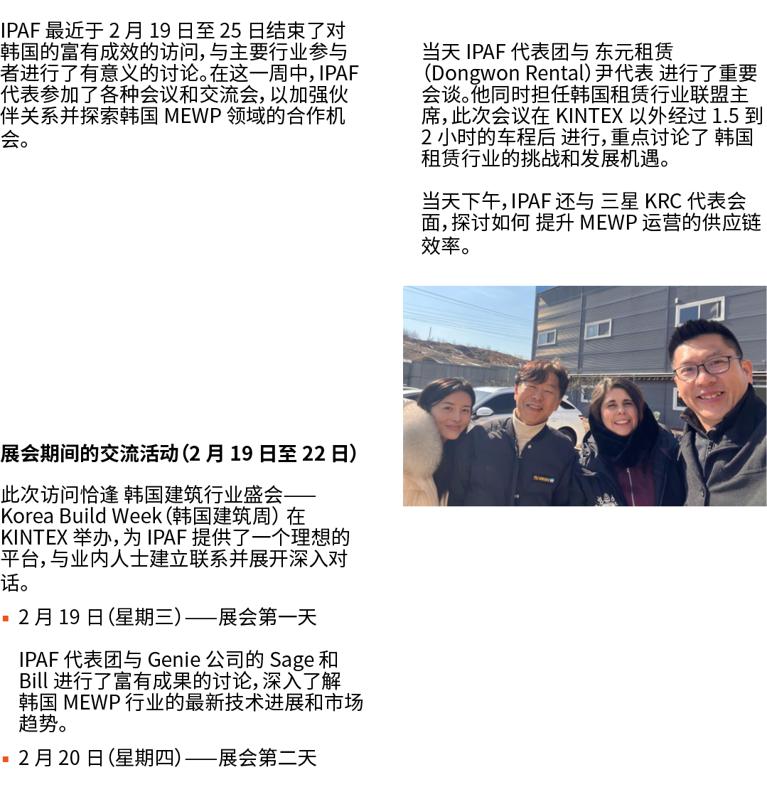 IPAF 最近于 2 月 19 日至 25 日结束了对韩国的富有成效的访问，与主要行业参与者进行了有意义的讨论。在这一周中，IPAF 代表参加了各种会议和交流会，以加强伙伴关系并探索韩国 MEWP 领域的合作机会。 展会期间的交流活动...