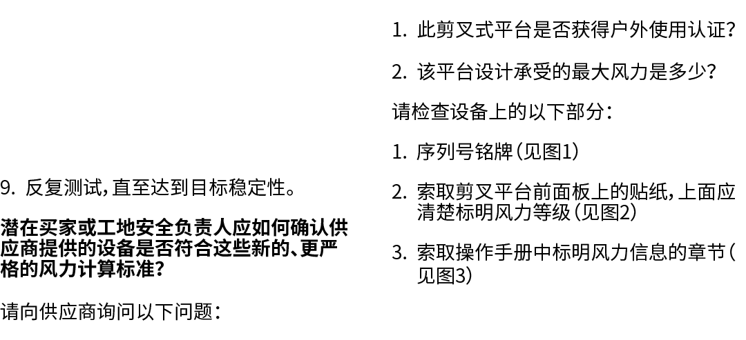  9. 反复测试，直至达到目标稳定性。 潜在买家或工地安全负责人应如何确认供应商提供的设备是否符合这些新的、更严格的风力计算标准？ 请向供应商询问以下问题： 1. 此剪叉式平台是否获得户外使用认证？ 2. 该平台设计承受的最大风力是多...