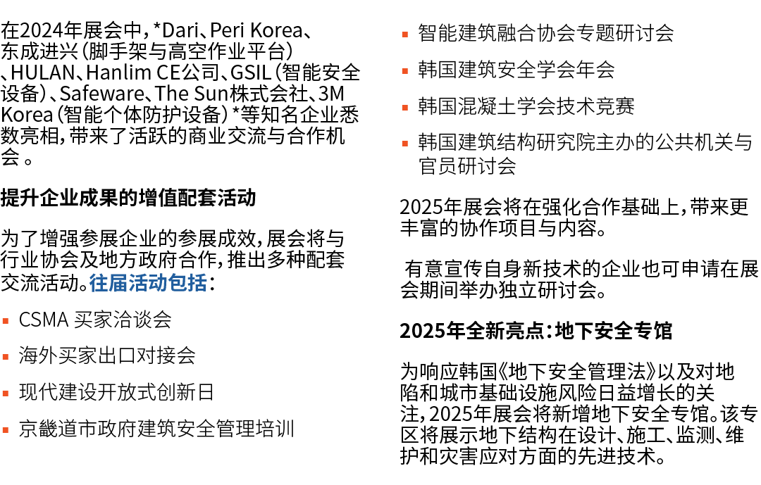 在2024年展会中，*Dari、Peri Korea、东成进兴（脚手架与高空作业平台）、HULAN、Hanlim CE公司、GSIL（智能安全设备）、Safeware、The Sun株式会社、3M Korea（智能个体防护设备）*等知...