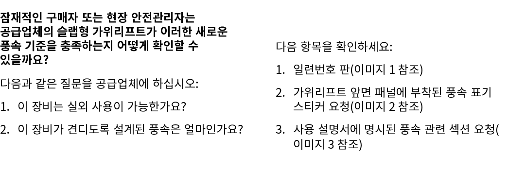 잠재적인 구매자 또는 현장 안전관리자는 공급업체의 슬랩형 가위리프트가 이러한 새로운 풍속 기준을 충족하는지 어떻게 확인할 수 있을까요? 다음과 같은 질문을 공급업체에 하십시오: 1. 이 장비는 실외 사용이 가능...