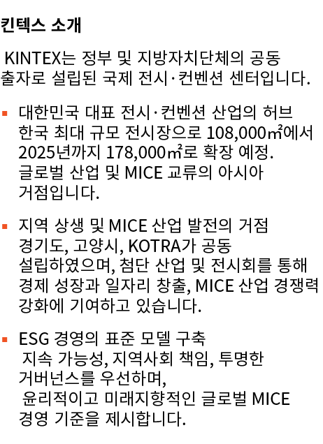 킨텍스 소개 KINTEX는 정부 및 지방자치단체의 공동 출자로 설립된 국제 전시·컨벤션 센터입니다. ▪ 대한민국 대표 전시·컨벤션 산업의 허브 한국 최대 규모 전시장으로 108,000㎡에서 2025년까지 178...
