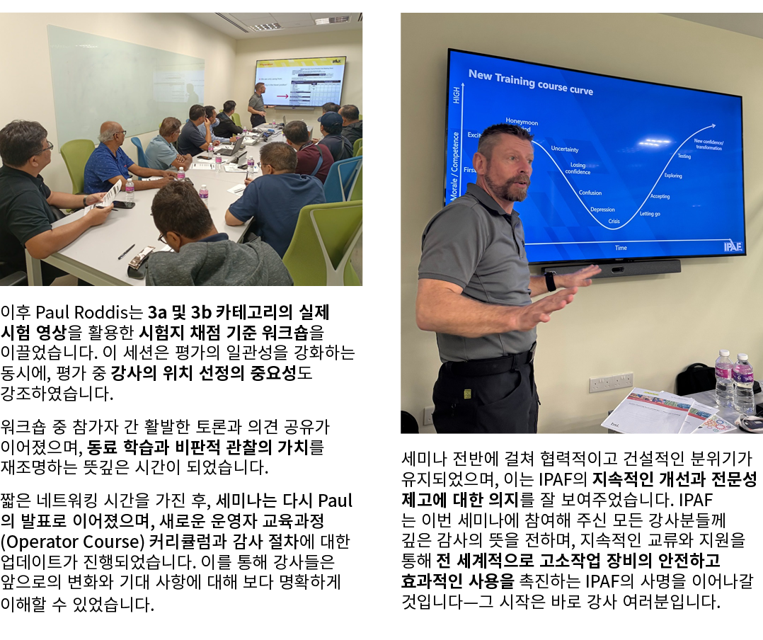 ￼ 이후 Paul Roddis는 3a 및 3b 카테고리의 실제 시험 영상을 활용한 시험지 채점 기준 워크숍을 이끌었습니다. 이 세션은 평가의 일관성을 강화하는 동시에, 평가 중 강사의 위치 선정의 중요성도 강조...