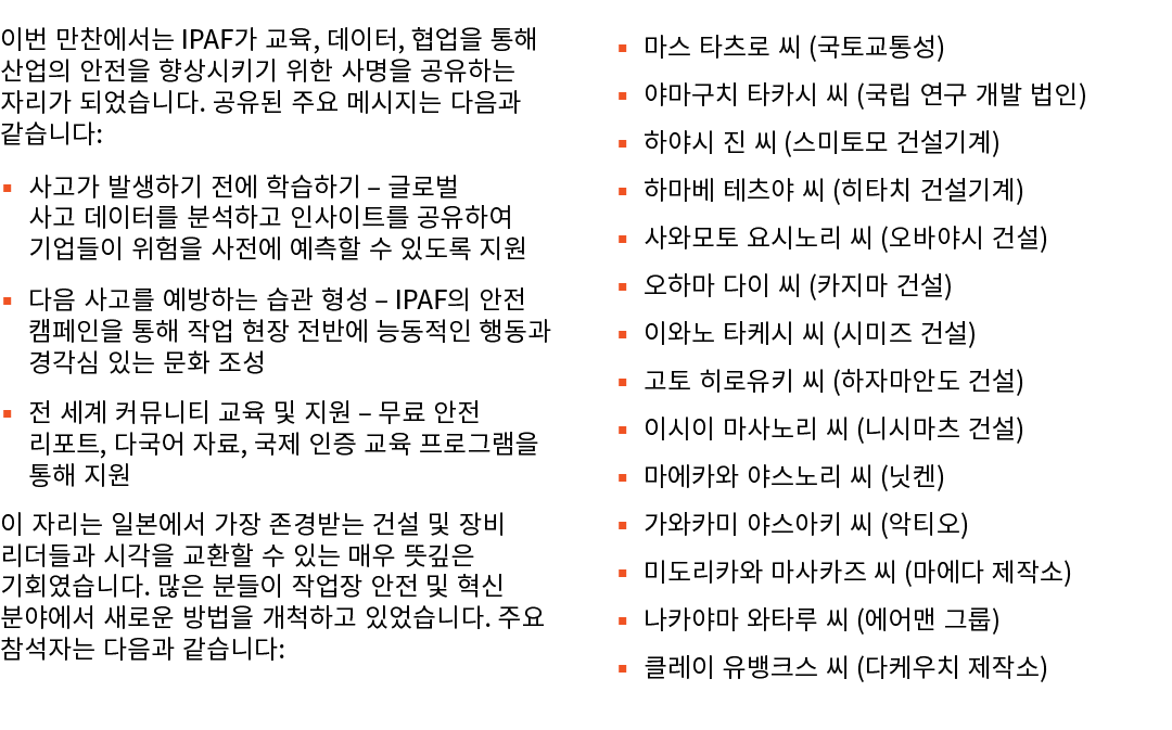 이번 만찬에서는 IPAF가 교육, 데이터, 협업을 통해 산업의 안전을 향상시키기 위한 사명을 공유하는 자리가 되었습니다. 공유된 주요 메시지는 다음과 같습니다: ▪ 사고가 발생하기 전에 학습하기 – 글로벌 사고...