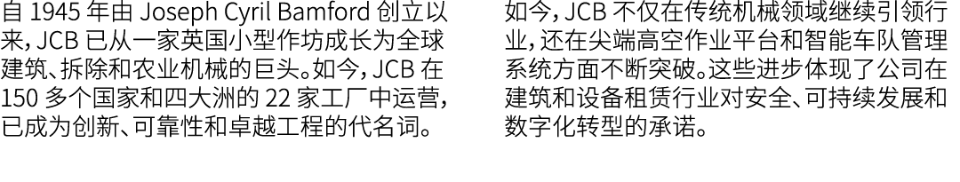 自 1945 年由 Joseph Cyril Bamford 创立以来，JCB 已从一家英国小型作坊成长为全球建筑、拆除和农业机械的巨头。如今，JCB 在 150 多个国家和四大洲的 22 家工厂中运营，已成为创新、可靠性和卓越工程的...