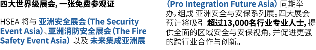 四大世界级展会，一张免费参观证 HSEA 将与 亚洲安全展会（The Security Event Asia）、亚洲消防安全展会（The Fire Safety Event Asia） 以及 未来集成亚洲展（Pro Integrati...