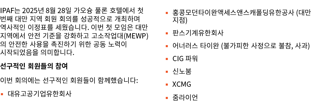 IPAF는 2025년 8월 28일 가오슝 풀론 호텔에서 첫 번째 대만 지역 회원 회의를 성공적으로 개최하며 역사적인 이정표를 세웠습니다. 이번 첫 모임은 대만 지역에서 안전 기준을 강화하고 고소작업대(MEWP)...