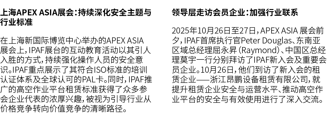 上海APEX ASIA展会：持续深化安全主题与行业标准 在上海新国际博览中心举办的APEX ASIA展会上，IPAF展台的互动教育活动以其引人入胜的方式，持续强化操作人员的安全意识。IPAF重点展示了其符合ISO标准的培训认证体系及全...