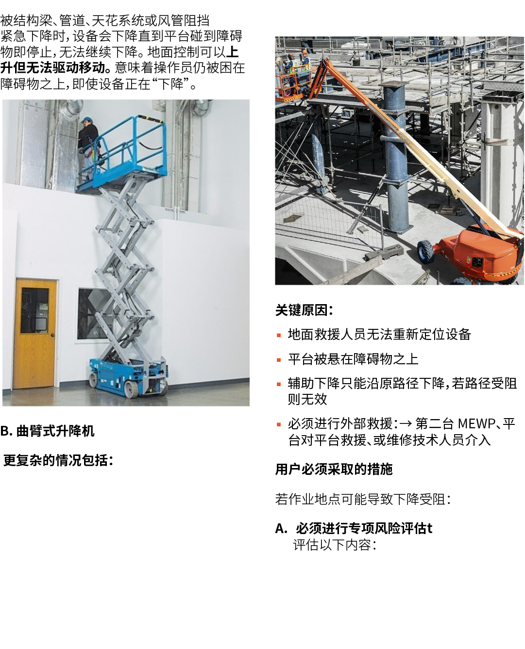 被结构梁、管道、天花系统或风管阻挡 紧急下降时，设备会下降直到平台碰到障碍物即停止，无法继续下降。 地面控制可以上升但无法驱动移动。 意味着操作员仍被困在障碍物之上，即使设备正在“下降”。 ￼ B. 曲臂式升降机 更复杂的情况包括： ...