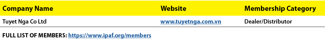 Company Name,Website,Membership Category,Tuyet Nga Co Ltd,www.tuyetnga.com.vn,Dealer/Distributor,FULL LIST OF MEMBERS...