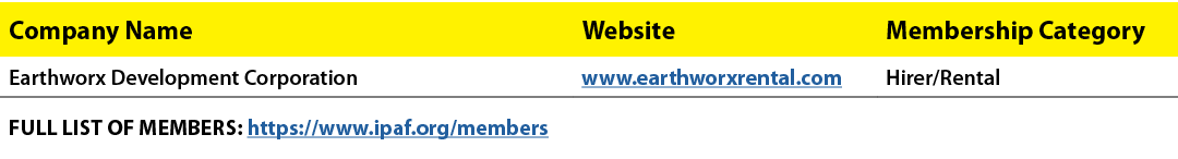 Company Name,Website,Membership Category,Earthworx Development Corporation,www.earthworxrental.com,Hirer/Rental,FULL ...